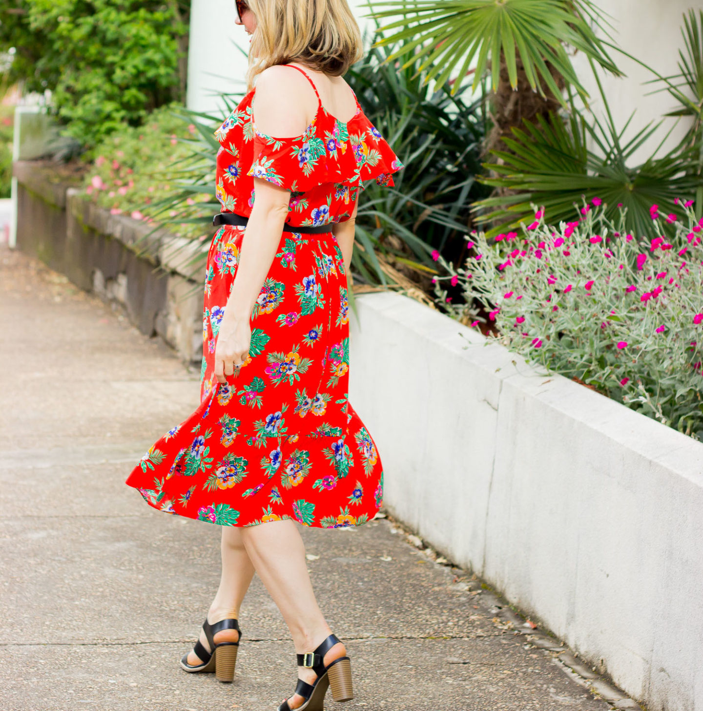 Red floral skirt on Belle Meets World blog