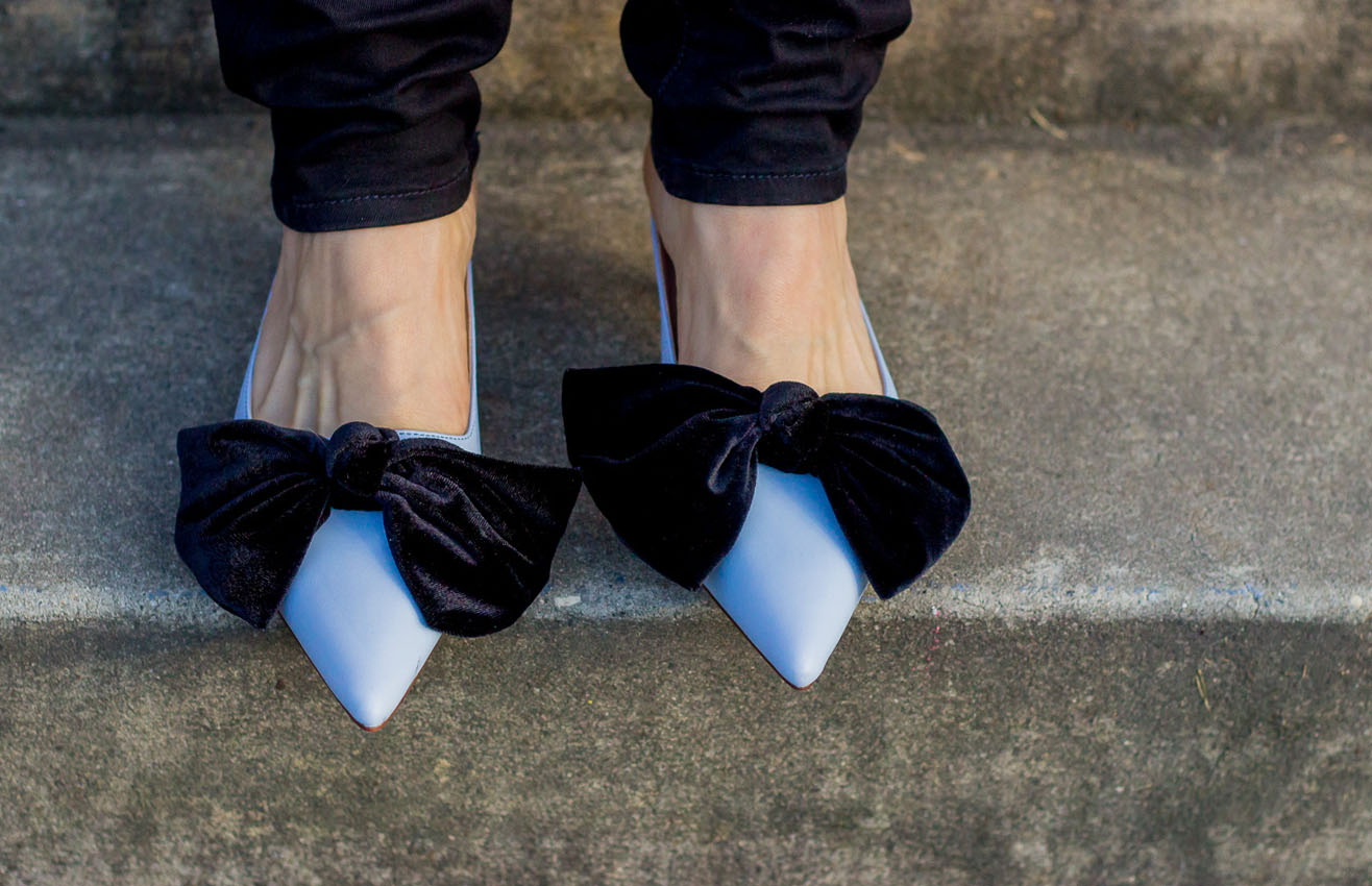 Bow mules with kitten heels on Belle Meets World blog