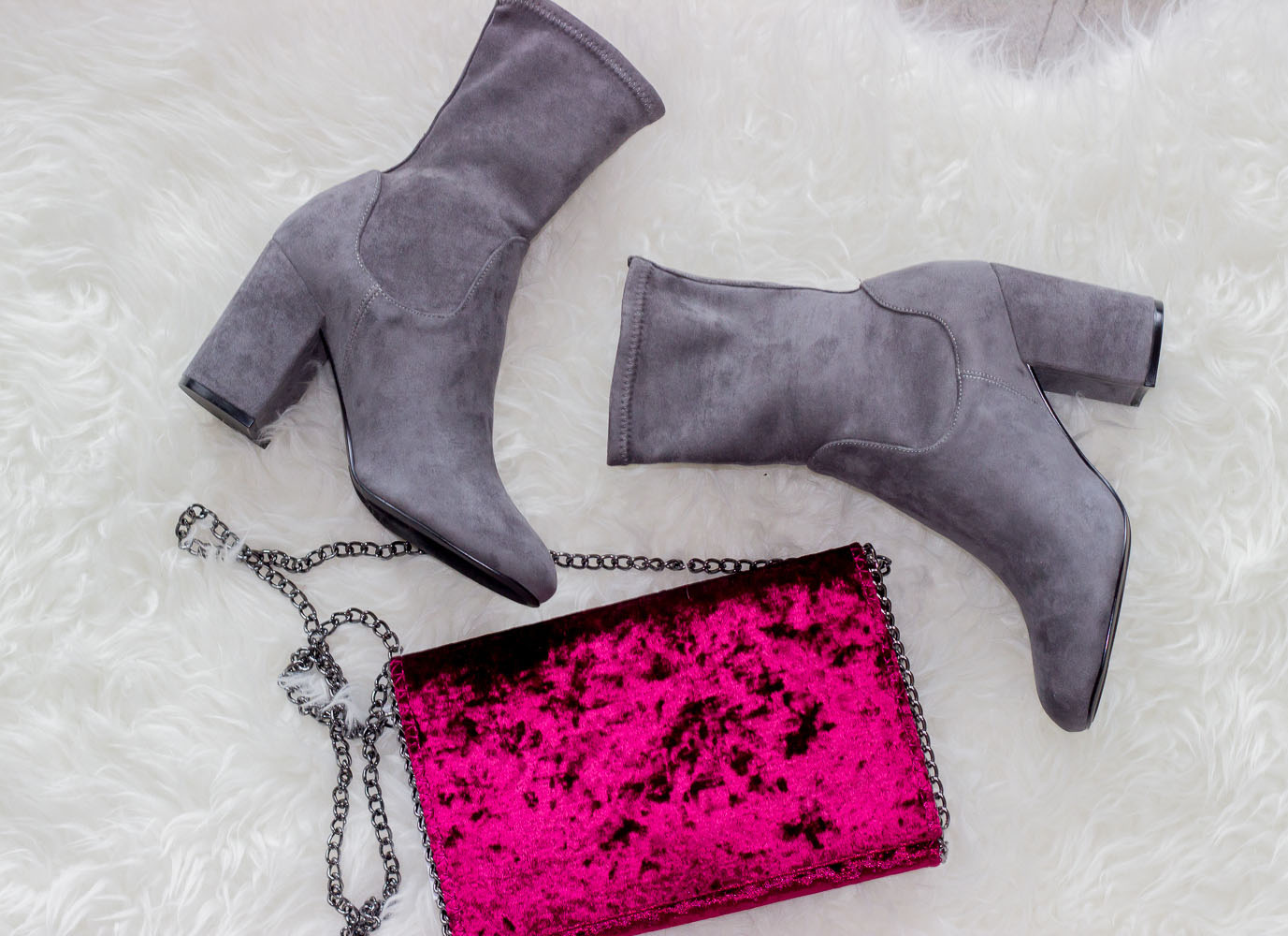 Velvet Clutch and Gray Booties for Fall on Belle Meets World blog