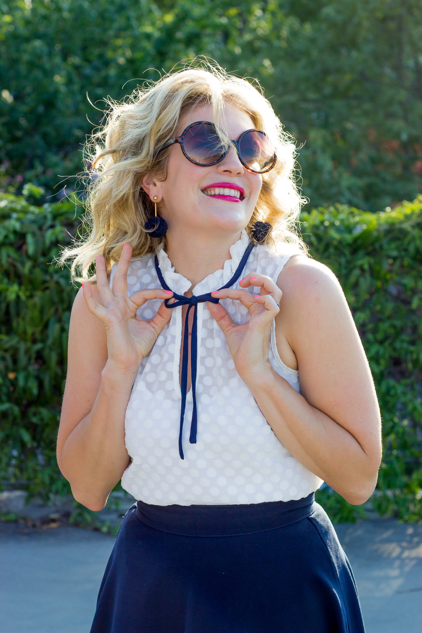 Modcloth Woven Tie Neck Top in Dotted White on Belle Meets World blog