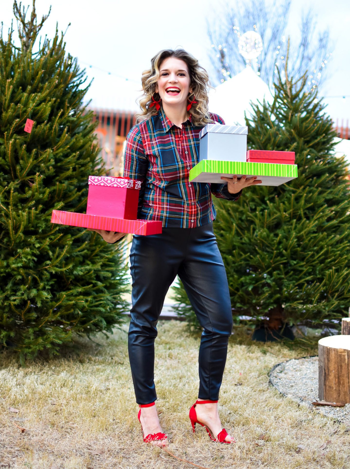 Holiday Outfit Idea - Versatile Stewart Plaid Shirt and Leather Leggings